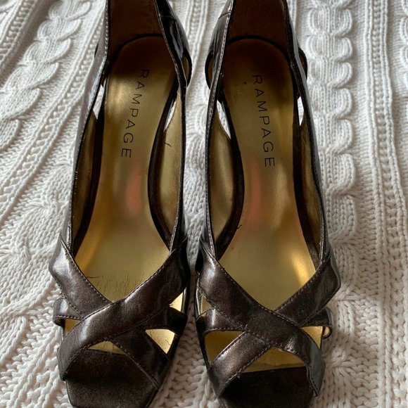 Brown Metallic Shiny Open Toe Heels - Picture 4 of 6
